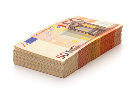 Pile of fifty euro banknotes, isolated on the white background, clipping path included. Full focus.の写真素材