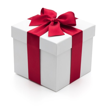 Gift box with red ribbon, isolated on the white backgroundの写真素材