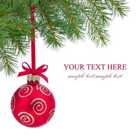 Christmas ball on branch isolated on the white background の写真素材