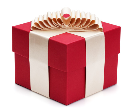 Red gift box with golden ribbon, isolated on the white background, clipping path included の写真素材