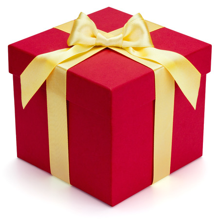 Red gift box with yellow ribbon and bow, isolated on the white background, clipping path included の写真素材