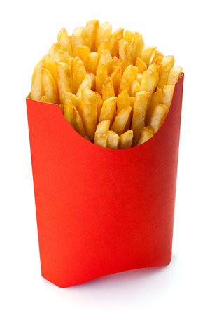 French fries in a red carton box isolated on the white background clipping path included.の写真素材