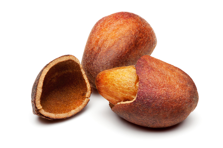 Closeup of pine nuts, isolated on the white background,の写真素材