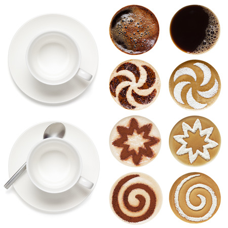 Top view of hot coffee set (espresso,cappuccino, latte),  isolated on the white background.の写真素材