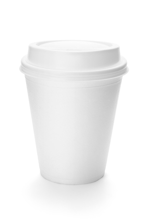 White paper coffee cup with plastic top, isolated on the white background, clipping path included.の写真素材