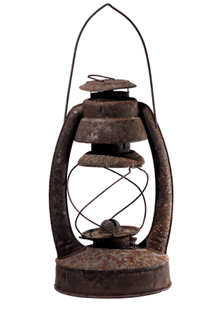 Old dusty rusty oil lamp isolated on whiteの写真素材