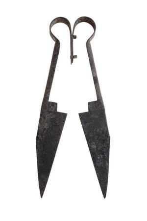 Old fashioned scissors it is isolated on whiteの写真素材