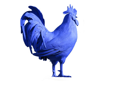A brightly blue colored cockerel on a white backgroundの写真素材