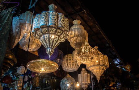 Shining moroccan metal lamps in the shop in medina of Marrakeshの写真素材