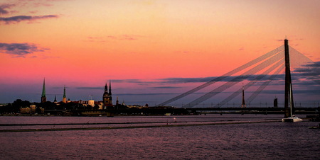 Panorama of Riga with Daugava river at the sunriseの写真素材