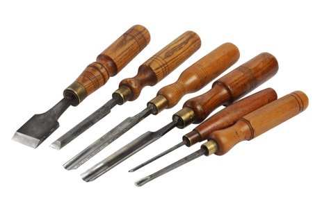 Set of wood chisel for carving wood, sculpture tools on white background