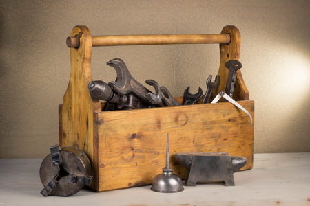 Still life - Old Wooden Tool Box Full of Toolsの写真素材