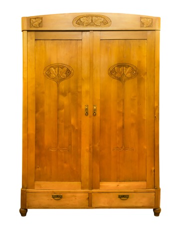 Antique vintage wood wardrobe isolated on whiteの写真素材
