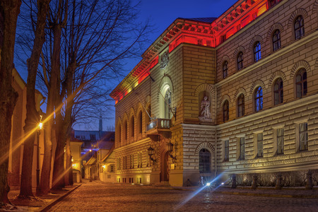 Building of Latvian Saeima in old Riga - famous European city where tourists can find a unique atmosphere of Middle Ages and famous ensembles of architectureの写真素材