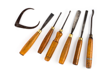 Set of wood chisel for carving wood, sculpture tools on white