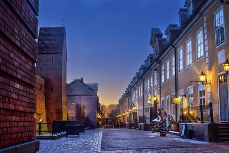 Riga, Latvia, 2017 cecember: Decorated Christmas street of Old Town at nightのeditorial素材
