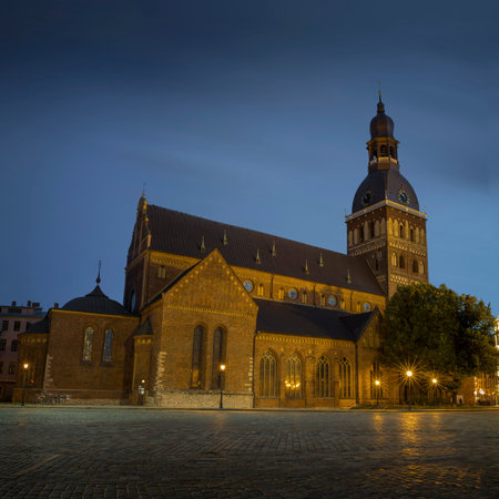 Riga Cathedral at Cathedral Square during evening blue hour, Doma laukums, Riga, Latvia.