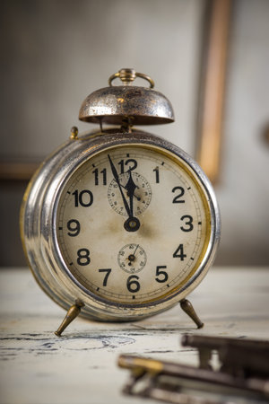 Vintage alarm clock marking time. Retro design with a nostalgic feel. Shallow depth of field focuses on the clock's details. Perfect for time-related or vintage themes.の写真素材