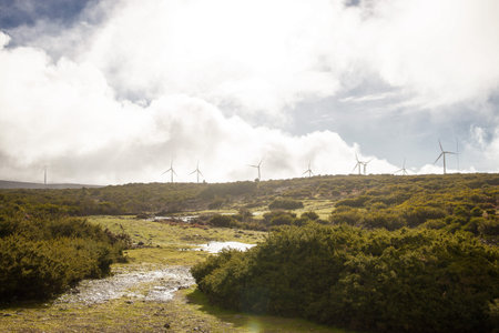 A stunning view of wind turbines atop the lush, green hills of Madeira, set against a partly cloudy...