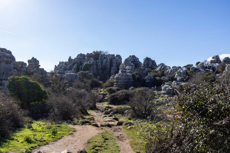 Visitors walk along a path in El Torcal, Spain, surrounded by unique rock formations and sparse...