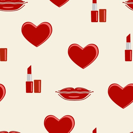 Seamless pattern with heart, lips and lipstic icons.  Cute red icons background can be copied without any seams. Vector illustration.のイラスト素材