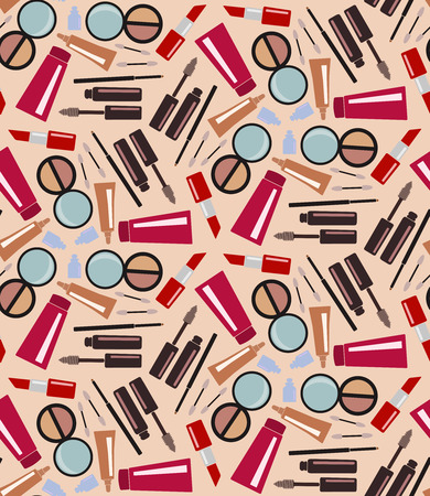 Seamless pattern of lipstick, mascara, eyeshadow and cheam icons. Decorative cosmetic icons background. Vector illustration can be copied without any seams. Beauty and fashion theme for cards, web design, banners etc.のイラスト素材