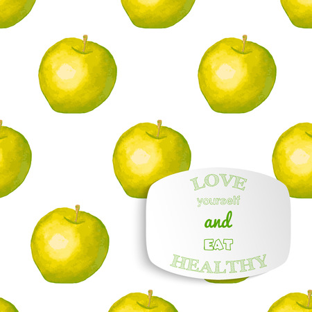 Positive motivation slogan on watercolor apple background. Welness and health theme. Vector illustration.のイラスト素材