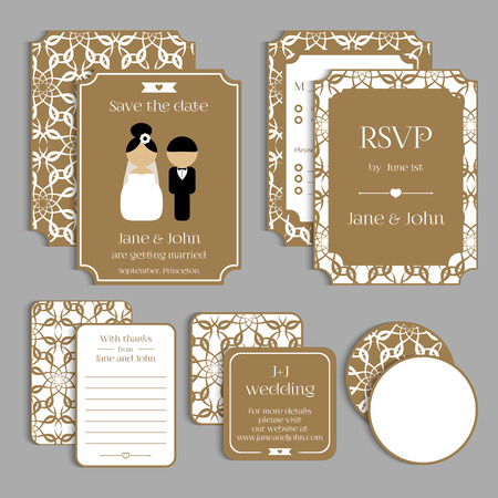 Set of floral vintage wedding cards. Wedding invitation, card, banner, tag.のイラスト素材