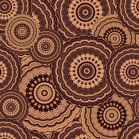 Ornamental seamless pattern, background with many details. Ethnic traditional ornament. Vector illustration in beige and brown colors.のイラスト素材