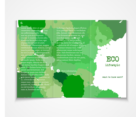 Watercolor styled painted background design, ecology event brochure template flyer layout. Vector illustration. Modern tri-fold brochure design template with varicolored green blobs.のイラスト素材