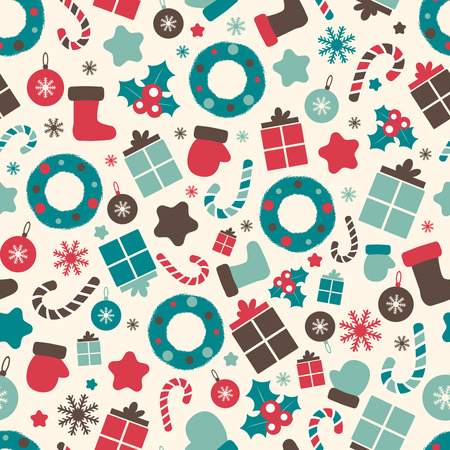 Retro style Christmas patterns. Winter background. Endless texture in pastel colors. Vector colorful illustration can be used for print on paper and fabric. Holiday. New Year theme. Wreath, holly and other traditional symbols.のイラスト素材