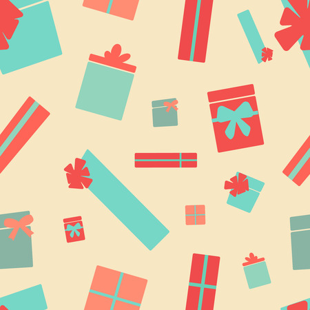 Retro style presents seamless pattern. Party background. Endless texture in pastel colors. Vector colorful illustration can be used for print on paper and fabric. Holiday. New Year and birthday theme. Gift box symbol.のイラスト素材