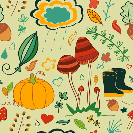 Vector seamless pattern, doodling autumn design. Hand draw fall symbols. Rain, pumpkin, mushroom illustration, cute doodle backgroundのイラスト素材
