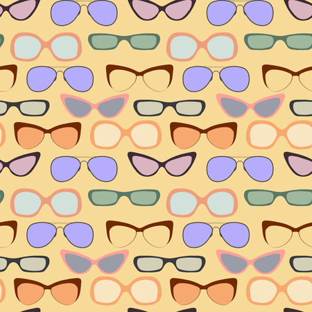 Vector hand drawn seamless pattern. Retro vintage background. Glasses frame set. Illustration in pastel color.のイラスト素材