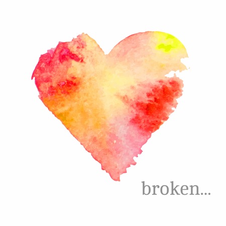 Vector broken heart made of watercolor. Handdrawn mood emblem. Abstract background in red, pink and yellow colors. Holiday vector illustration. Great for cards, banners, tags and other.のイラスト素材