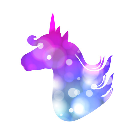 Colorful patch with unicorn silhouette, bright colors. Background under clipping mask. Hand drawn vector Illustration for kid textile, card, pin, t-shirt print design. Fashion trend badge.のイラスト素材