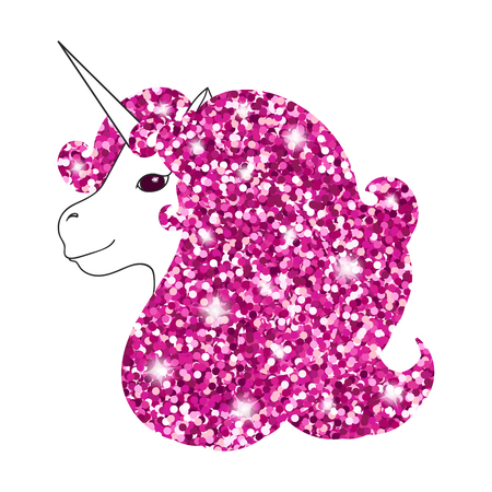 Unicorn with abstract sparkle pink glitter glowing mane. Shiny metallic style background for Valentine day card, poster, invitation.のイラスト素材