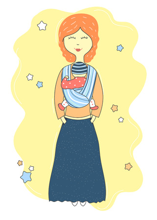 Mother holds baby in a sling scarf. Cute cartoon hand drawn background. Vector illustration.のイラスト素材