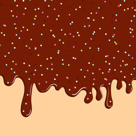 Chocolate donut glaze background. Liquid sweet flow, tasty dessert topping with colorful sprinkles. Ice cream drips. Vector illustration.のイラスト素材