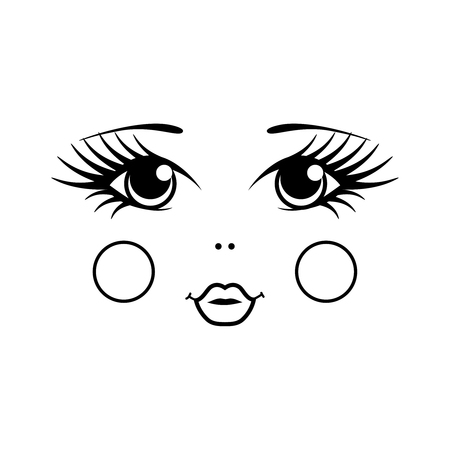 Matryoshka russian doll face on white background. Black and white vector illustration. Eyes, cheeks and lips.のイラスト素材