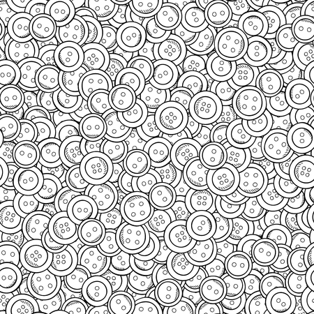 Seamless handrawn button background. Contour drawing. Clothes buttons backdrop. Vector packaging design. Print for paper. Black and white illustration.のイラスト素材