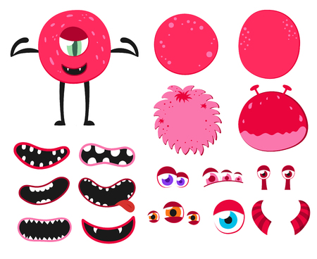 Cartoon funny monsters creation kit. Create your own monster set. Vector illustrationのイラスト素材