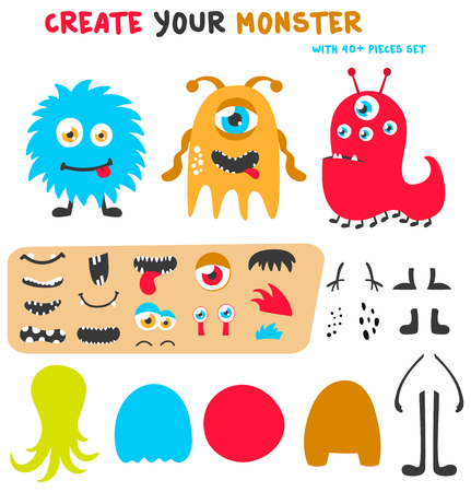 Cartoon funny monsters creation kit. Create your own monster set. Vector illustrationのイラスト素材