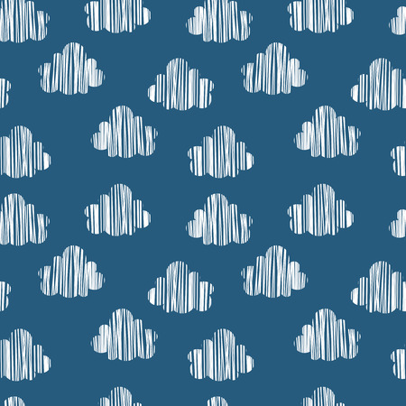 Blue sky with white clouds. Hand drawn seamless pattern. Vector illustration in cartoon style.のイラスト素材