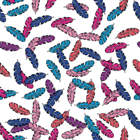 Fashion seamless pattern with bird feathers in bright colors Vector illustrationのイラスト素材