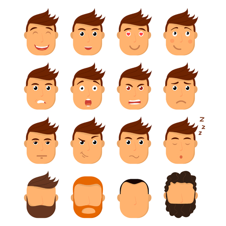 Set of male facial emotions. Emoji character with different expressions. Vector illustration in cartoon styleのイラスト素材