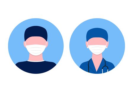 Medical avatars illustration of flat design. People icons collection, doctor and nurse in mask. Covid themeのイラスト素材