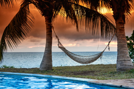 Hammock in front of palm trees and sea, Zanzibar, Tanzania, Africaの写真素材