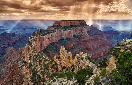 Thunderstorm and sun beams over Grand Canyon, Arizona, USAの写真素材