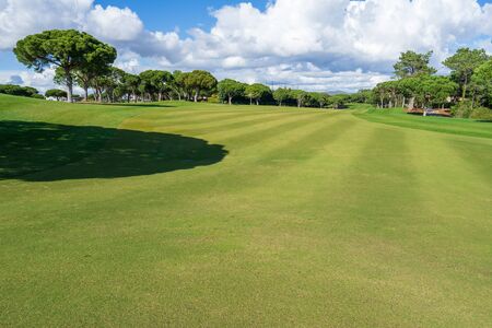 Beautiful, empty golf course with blue sky and green grassの写真素材